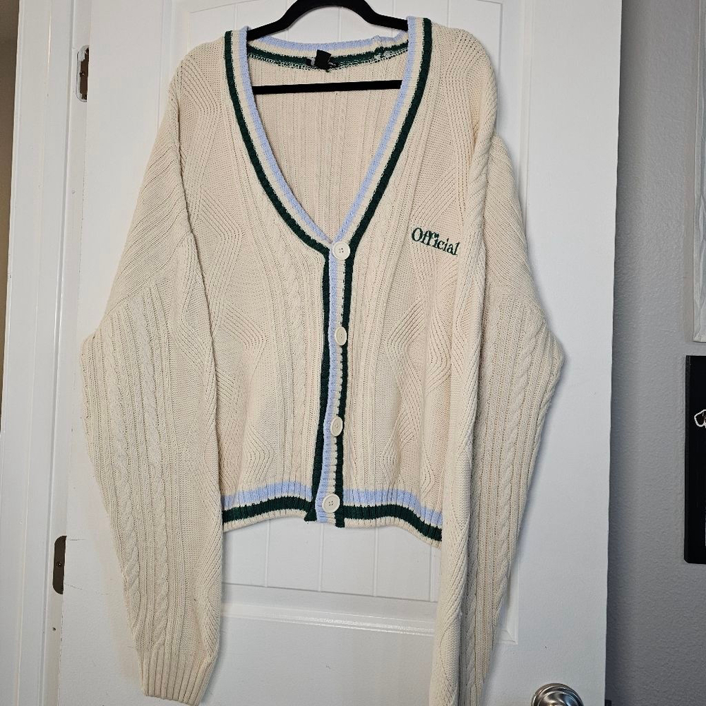 Boohooman 90s prep school style chunky sweater cardigan, cream